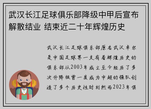 武汉长江足球俱乐部降级中甲后宣布解散结业 结束近二十年辉煌历史